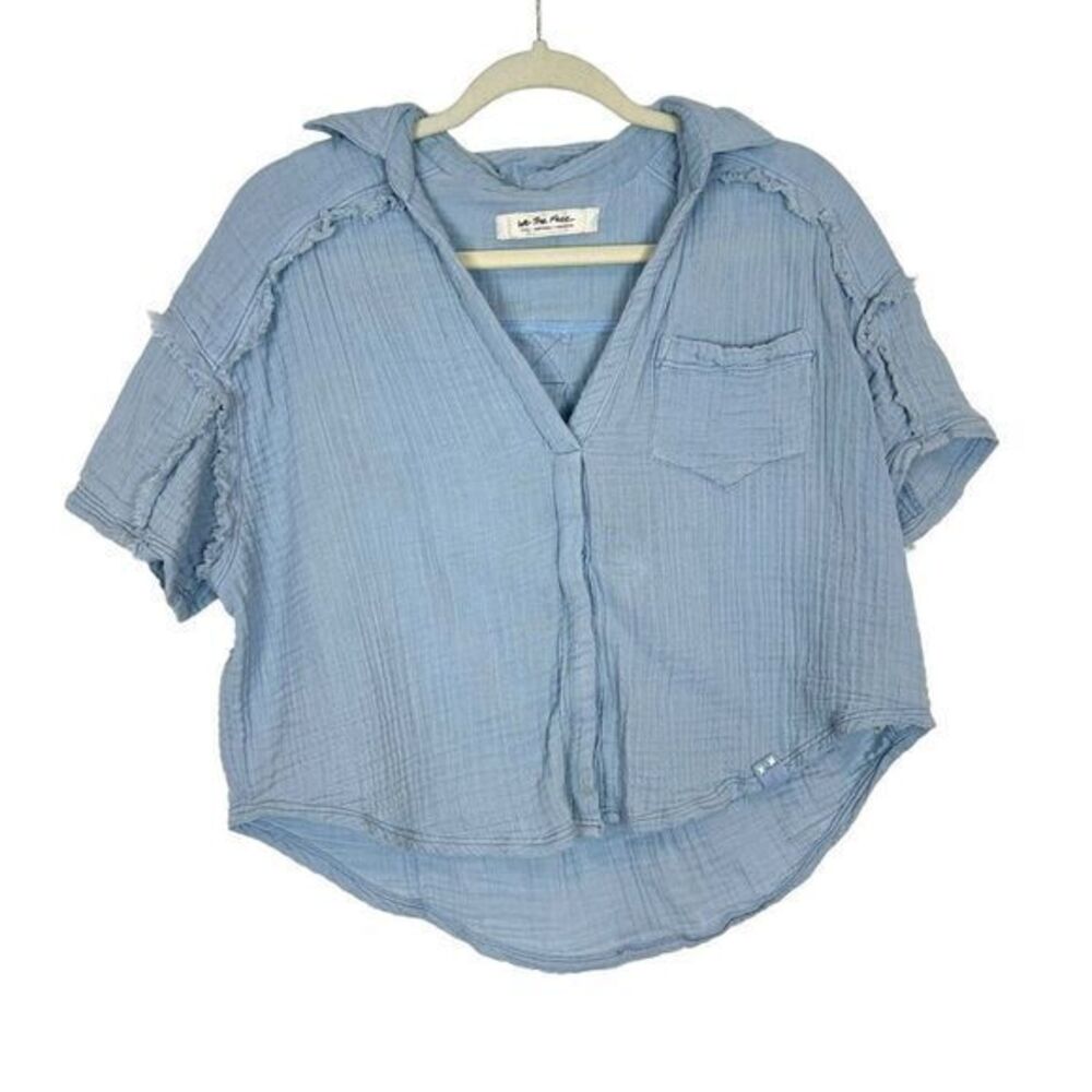 Free People Light Blue Gauze Hooded Button Front Top
